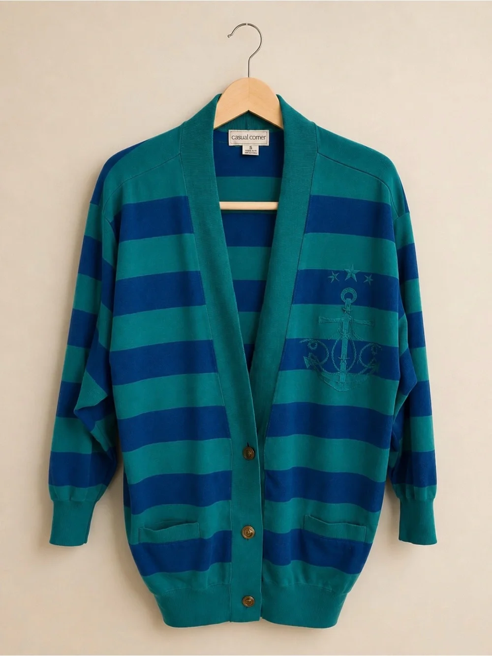 Vintage Nautical Anchor Embroidered Striped Cardigan